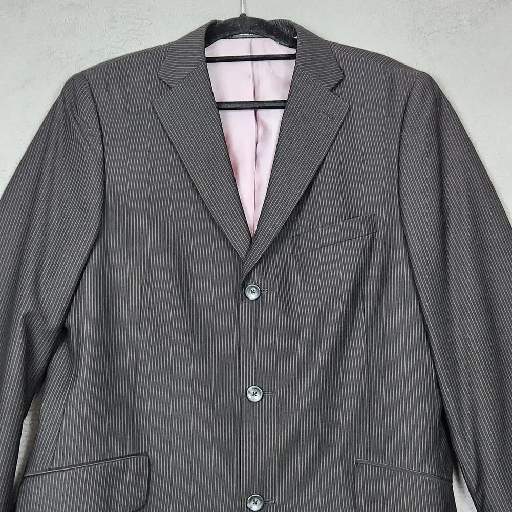 Billy London Suit Jacket Mens 42R Black Pinstripe Polyester Rayon 4 Button